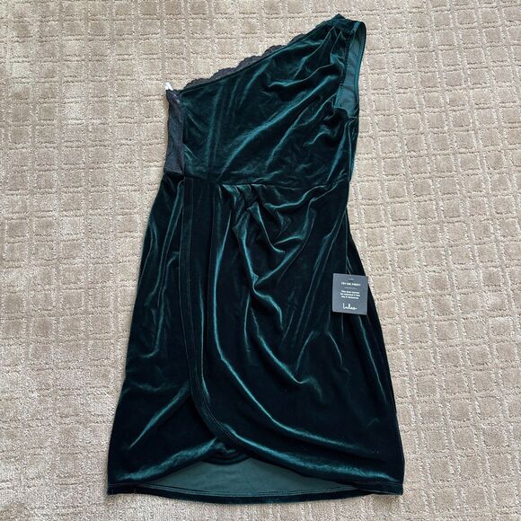Lulus All The Luxe Velvet Dress L Emerald Green Lace One Shoulder Mini Fairy NWT - Picture 2 of 9